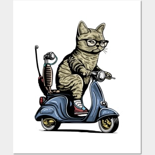 Cat With Sunglasses Riding Motorcycle and Driving Scooter Posters and Art